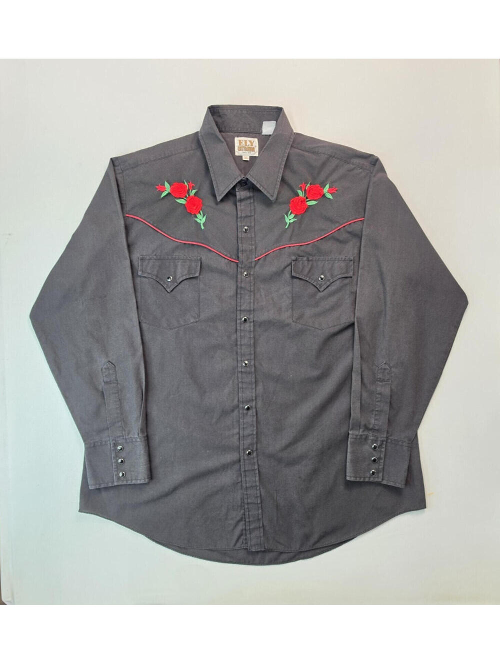 Ely Cattleman Vintage Western Rose Embroidered Black Pearl Snap Shirt Mens XL
